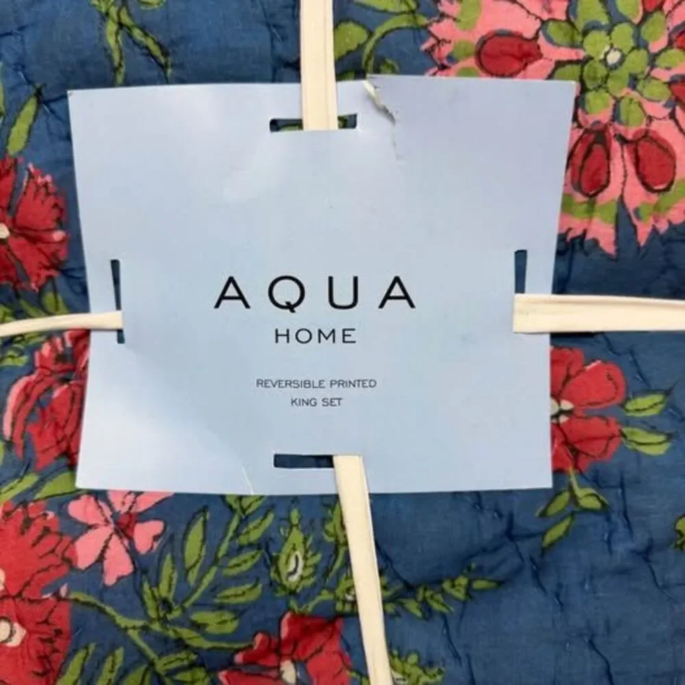 Aqua KING 3 Pieces Blue Floral Reversible Printed Quilt Set with Shams NEW